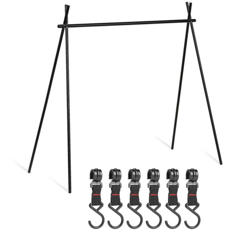 Étagère de Rangement Extérieure Pliable en Alliage d'Aluminium avec 6 Crochets Noir - Support Triangle pour Camping