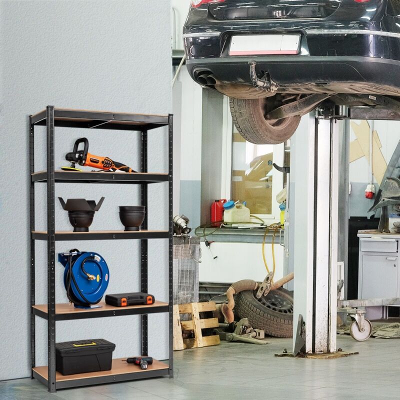 Etagère de Rangement Métallique à 5 Niveaux pour Charges Lourdes et Grande Capacité Tablettes en MDF 75x30x150cm Noir