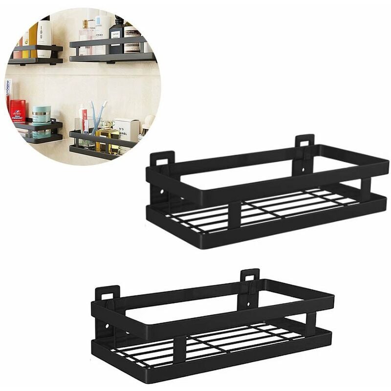 Tagère de Rangement Multifonction en Acier Inoxydable - Sans Perçage - Pour Salle de Bain et Cuisine - Noir - 25cm - 2 pièces