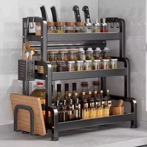Étagère de Rangement Multifonction pour Épices de Cuisine à 3 Niveaux, Support de Comptoir avec Porte-Couteaux, Crochets, Porte-Chopping Board et Porte-Ustensiles