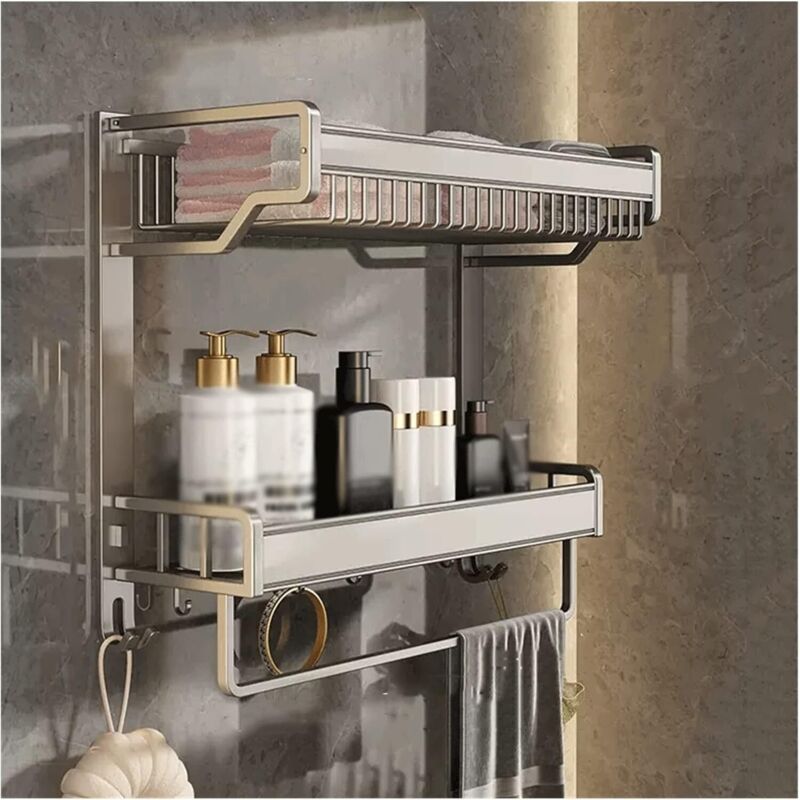 Étagère de rangement murale en métal à 2 niveaux pour salle de bain, étagère multifonctionnelle avec porte-serviettes et crochets pour salle de bain,