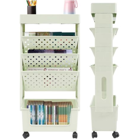 Étagère de rangement, Petite bibliothèque à roulettes, Chariot pliable avec 5 niveaux et roues pivotantes à 360°, Pour salon, cuisine, bibliothèque, chambre à coucher, bureau, Vert