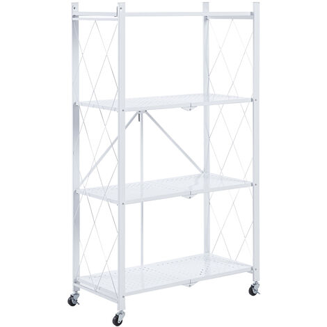 Étagère de rangement pliable 4 niveaux sur roues – Acier blanc 71,5x36x122,5 cm – Charge max 160 kg – Grilles latérales anti-chutes – Catter House