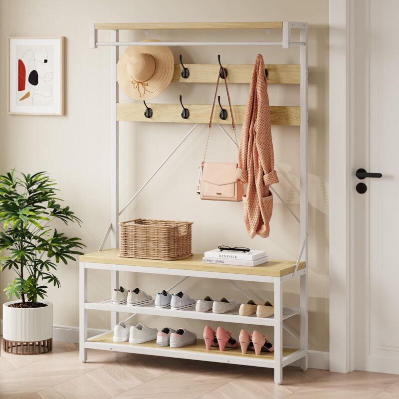 Étagère de Rangement pour Chaussures, Meuble d’Entrée avec Banc, Porte-Manteaux avec 8 Crochets et Étagère, 102 x 40 x 183cm, Vestiaire, pour