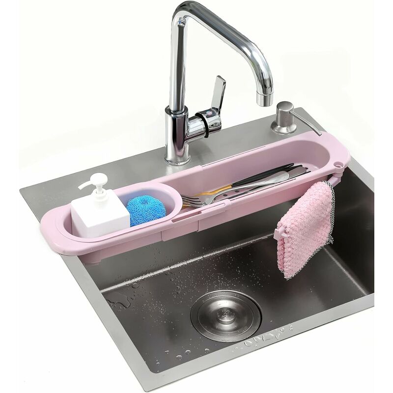 Étagère de rangement pour évier de cuisine avec support télescopique extensible et porte-éponge