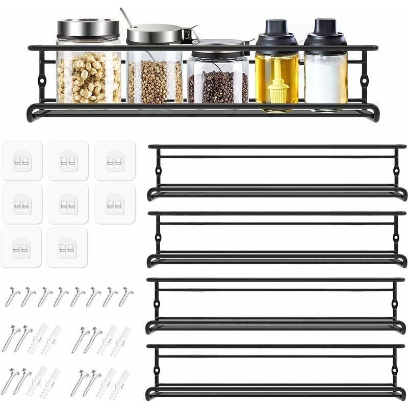 Étagère de rangement pour porte d'armoire de cuisine perforée à montage mural de cuisine Noir Lot de 4