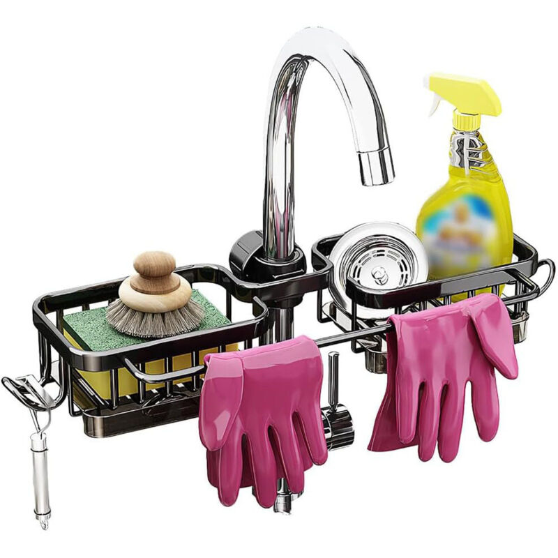 Tagère de rangement pour robinet, organiseur d'évier suspendu, porte-éponge avec bac d'égouttement amovible pour cuisine et salle de bain - tout-en-un