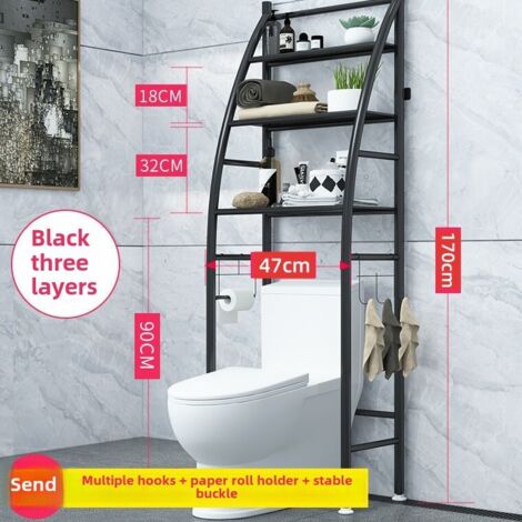 Étagère de rangement pour toilettes à 3 niveaux en forme de voilier noir, sur pied, rangement multifonctionnel à poser sur les toilettes, sans perçage, organisateur de salle de bain