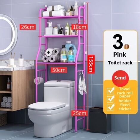 Étagère de rangement pour toilettes rose à 3 niveaux, sur pied, rangement multifonctionnel à poser sur le dessus des toilettes, sans perçage, organisateur de salle de bain