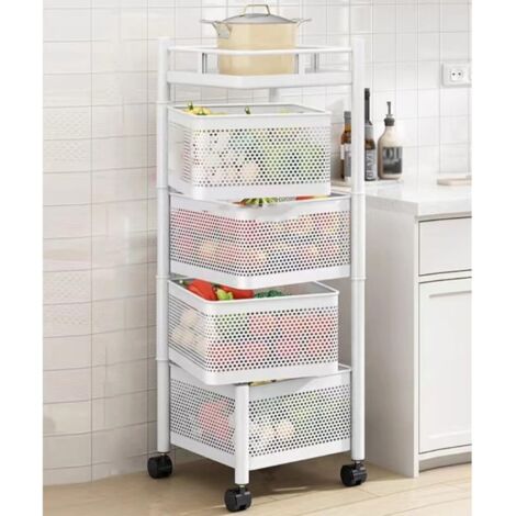 Étagère de rangement rotative pour cuisine, panier carré coulissant à 4 niveaux avec roues, étagère de rangement rotative-BLANC