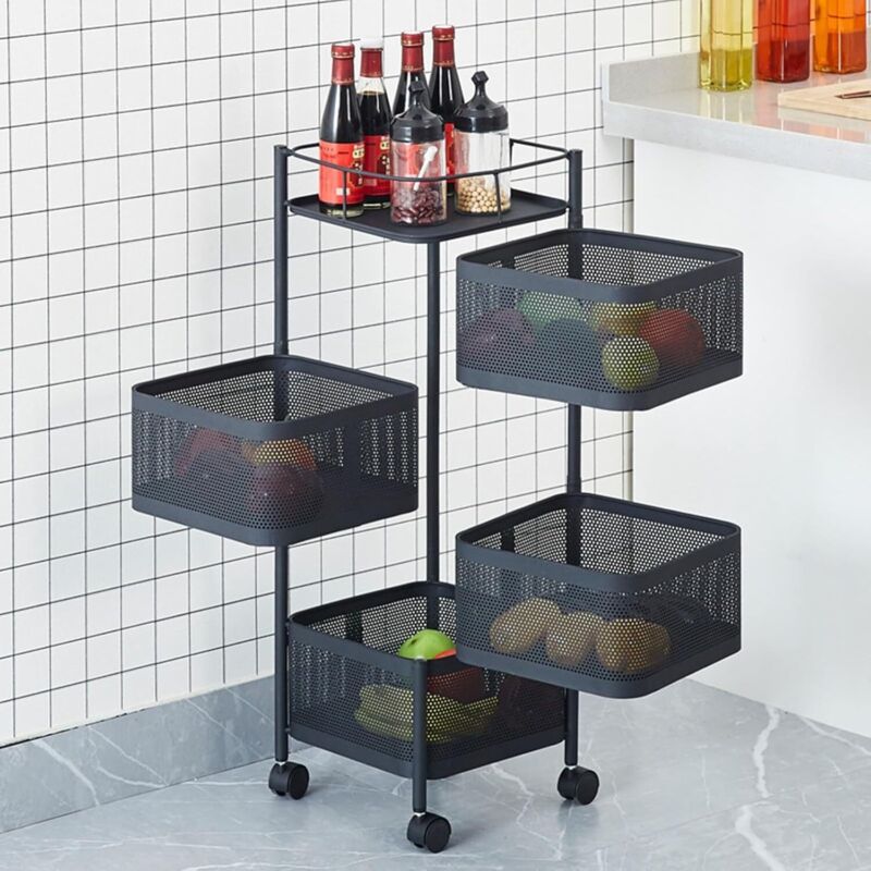 Lunsy - tagère de rangement rotative pour cuisine, panier carré coulissant à 4 niveaux avec roues, étagère de rangement rotative-NOIR