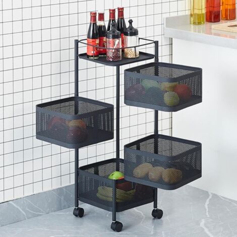 Étagère de rangement rotative pour cuisine, panier carré coulissant à 4 niveaux avec roues, étagère de rangement rotative-NOIR