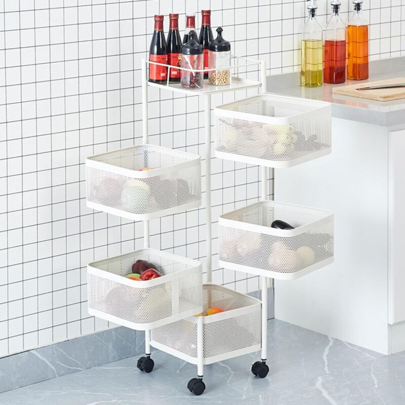Lunsy - tagère de rangement rotative pour cuisine, panier carré coulissant à 5 niveaux avec roues, étagère de rangement rotative-BLANC