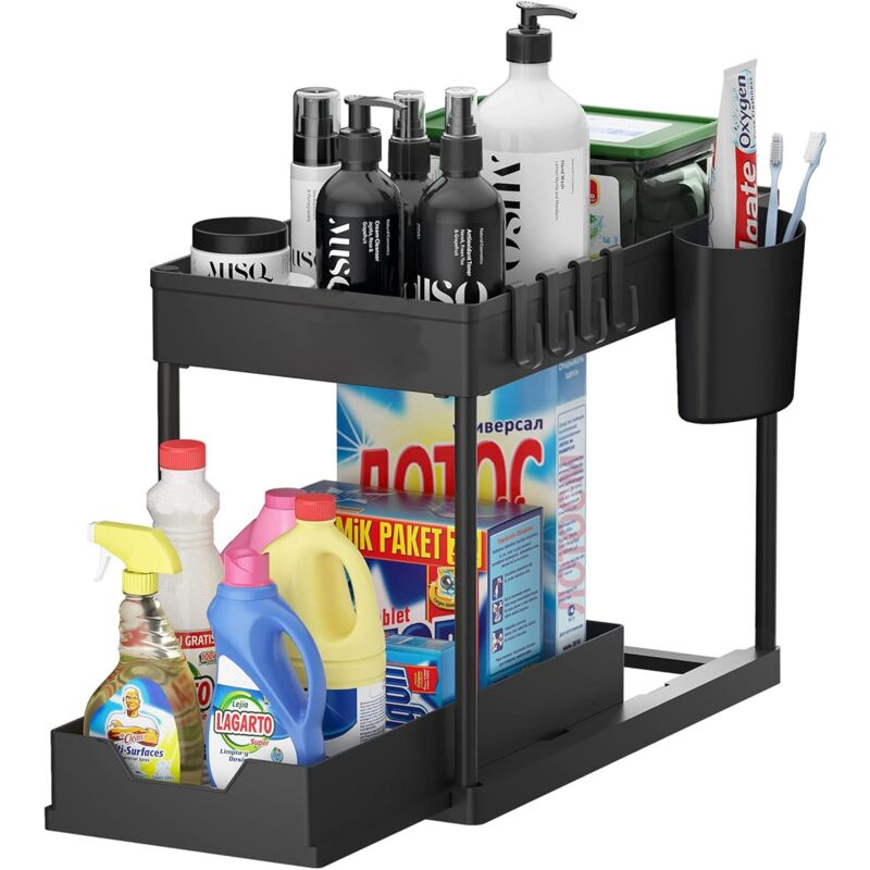Tigrezy - tagère de rangement sous évier avec tiroir coulissant Multifonction pour cuisine, salle de bain Étagère fine à 2 niveaux avec crochets