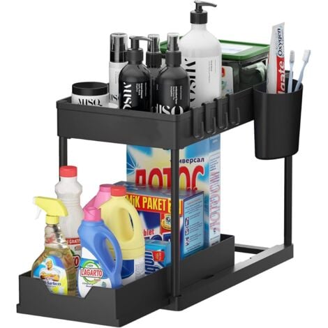 TIGREZY Étagère de rangement sous évier avec tiroir coulissant Multifonction pour cuisine, salle de bain Étagère fine à 2 niveaux avec crochets (noir, 1)