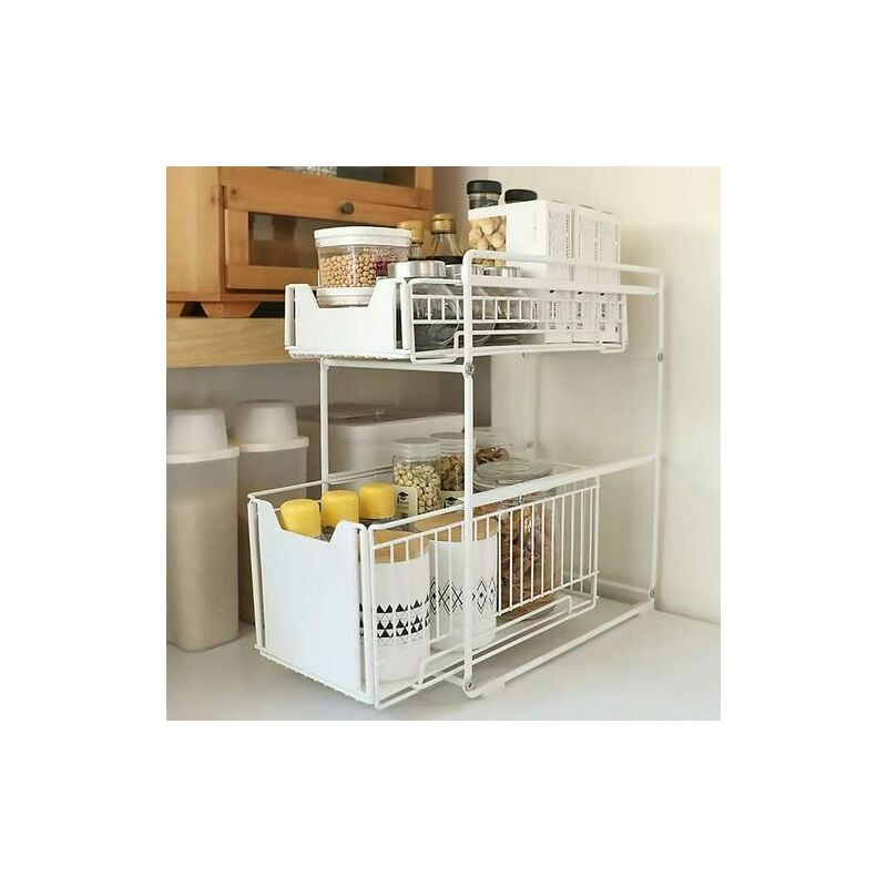 Etagere de Rangement sous Evier Rack 2 Niveaux, avec tiroir coulissant,pour Cuisine et Salle de Bain -Blanc 37.426.544cm