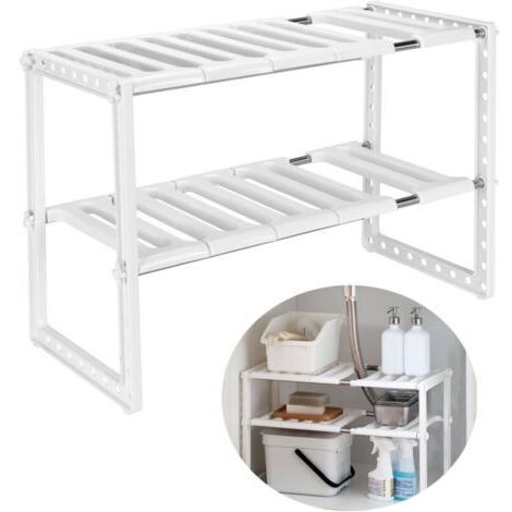 Etagere de Rangement sous Evier Rack Extensible Organisateur pour Cuisine Salle de Bain Chambre Salon Longueur Reglable 38-70cm,Capacite de Charge de 14 kg (Blanc)