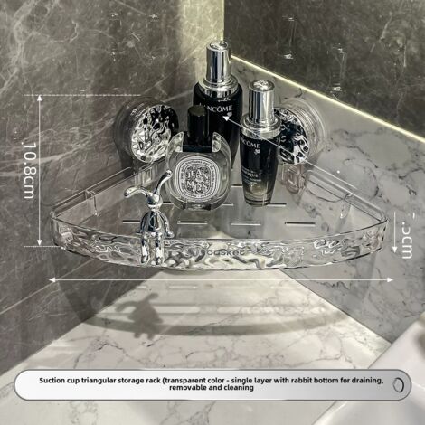 Étagère de rangement triangulaire transparente argentée pour WC avec ventouse et lapin, sans perçage, fixation murale, étagère d'angle pour lavabo, gain de place