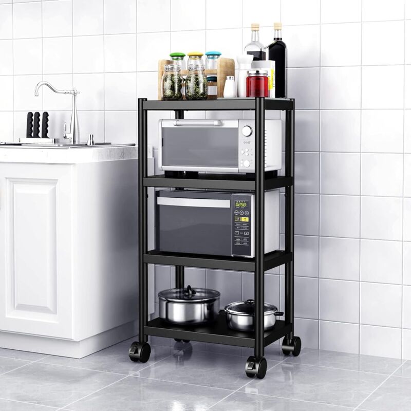 Ikodm - tagère de Rangement Utilitaire de Cuisine sur roulettes pour Micro-Ondes 4 étages en Acier Inoxydable