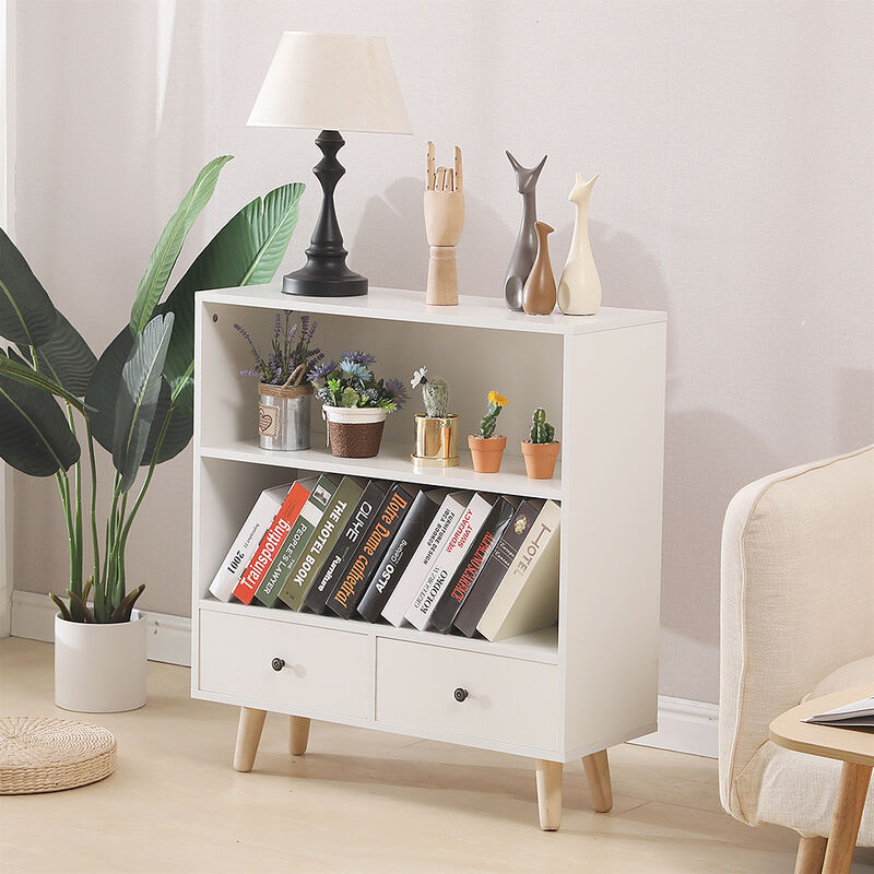 bathrins - etagere de rangement,meuble rangement escalier 2 niveaux bois blanc avec porte et tiroirs.