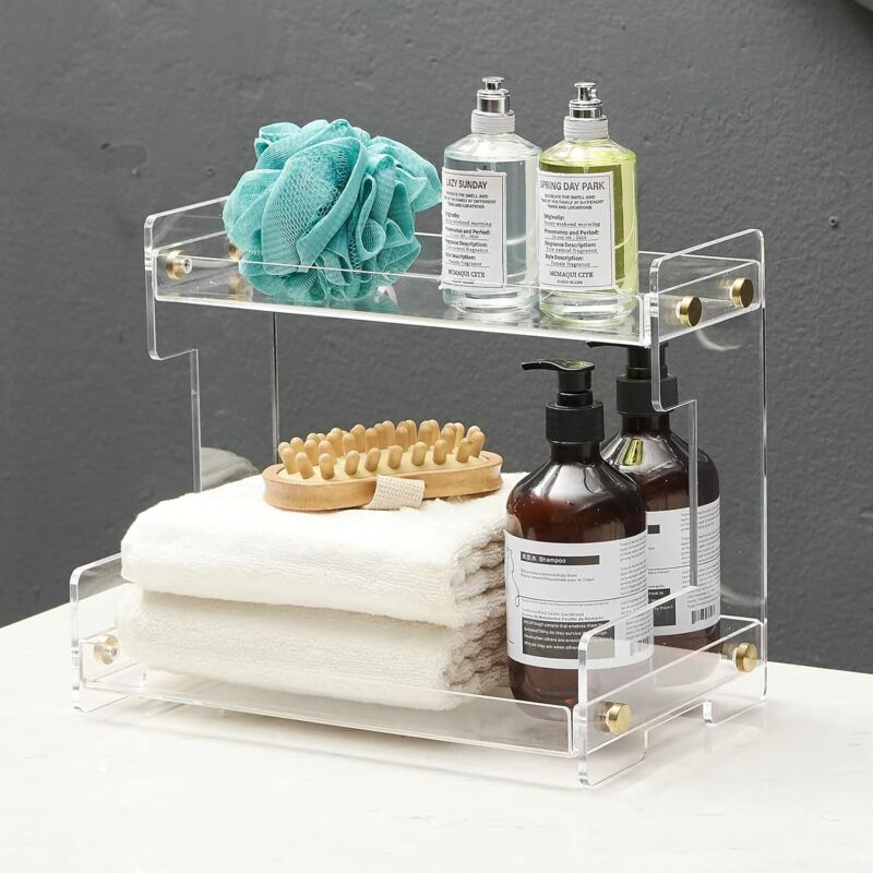 Etagère de Salle de Bain 2 Niveaux, Rangement Maquillage, Etagère Douche, Acrylique Organiseur de comptoir de Salle de Bain pour Shampooings Gels