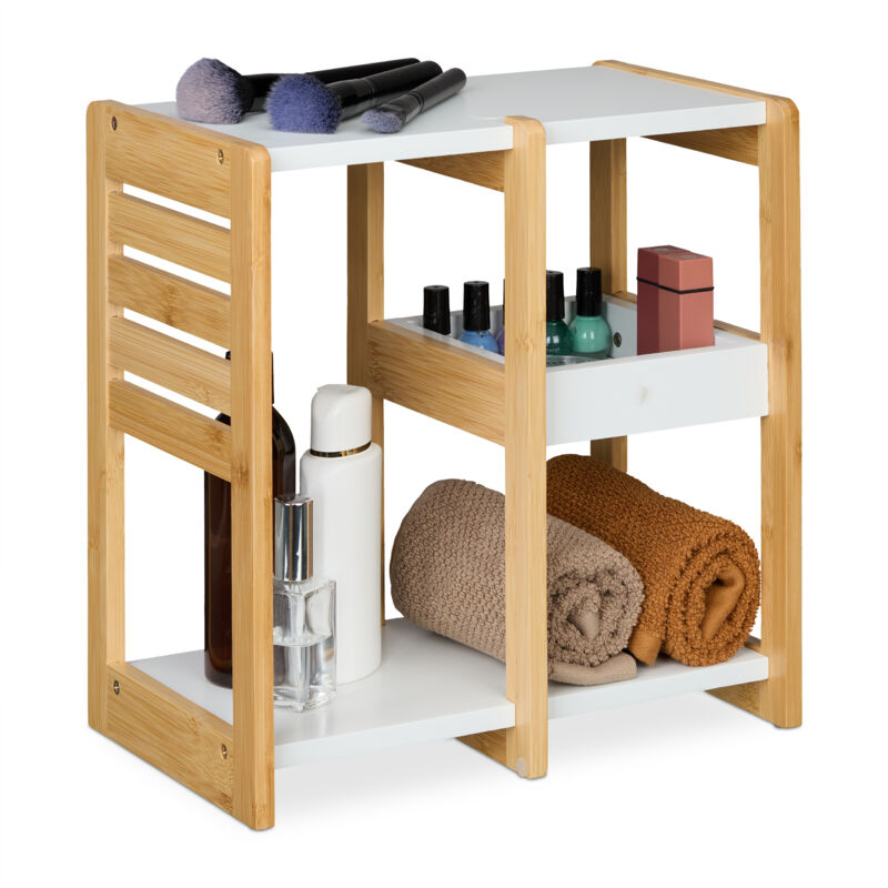 Tagère de salle de bain, 3 niveaux, HxLxP : 35x34x20 cm, Meuble pour cuisine, bambou, mdf, blanc - Relaxdays