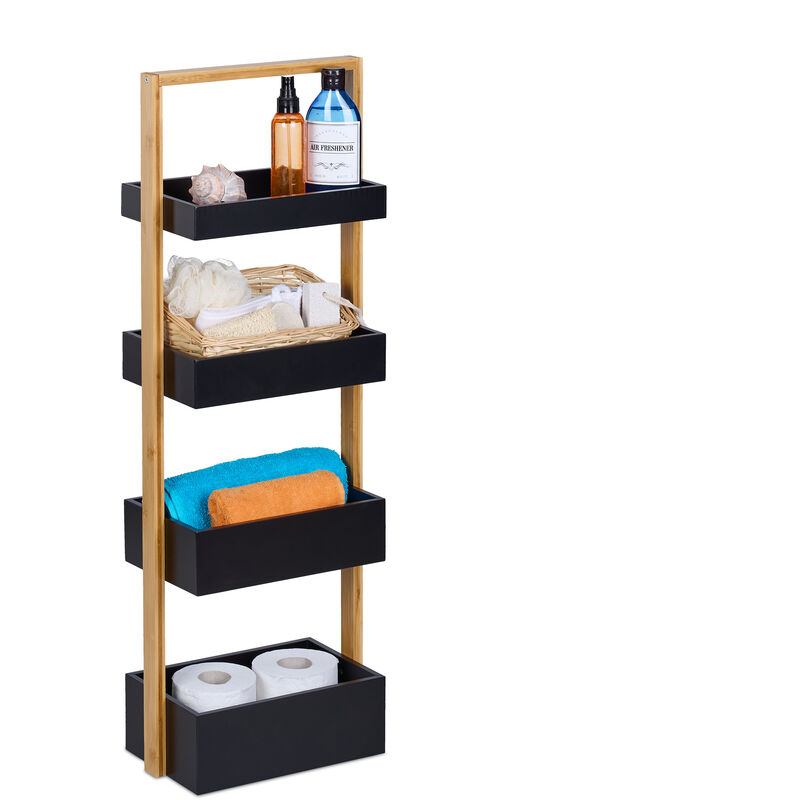 Tagère de salle de bain, 4 étages, hlp : 88 x 30 x 18 cm, rangement wc, cuisine, mdf & bambou, nature/noir - Relaxdays