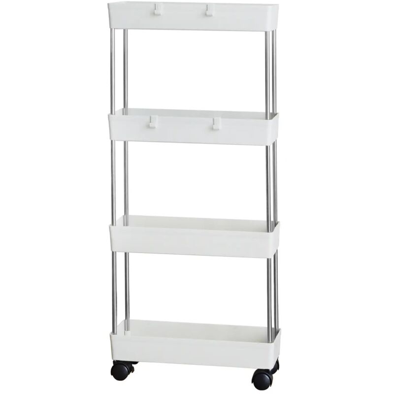 Étagère de salle de bain à roulettes, étagère de cuisine à 4 niveaux, support à roulettes, blanc (5802)