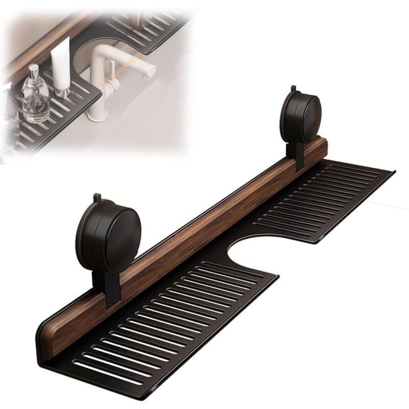 éTagèRe De Salle De Bain à Ventouse en Noyer,Organiseur D'éVier Mural Amovible Et éTanche,sans PerçAge,Support Rangement Robinet Bois pour