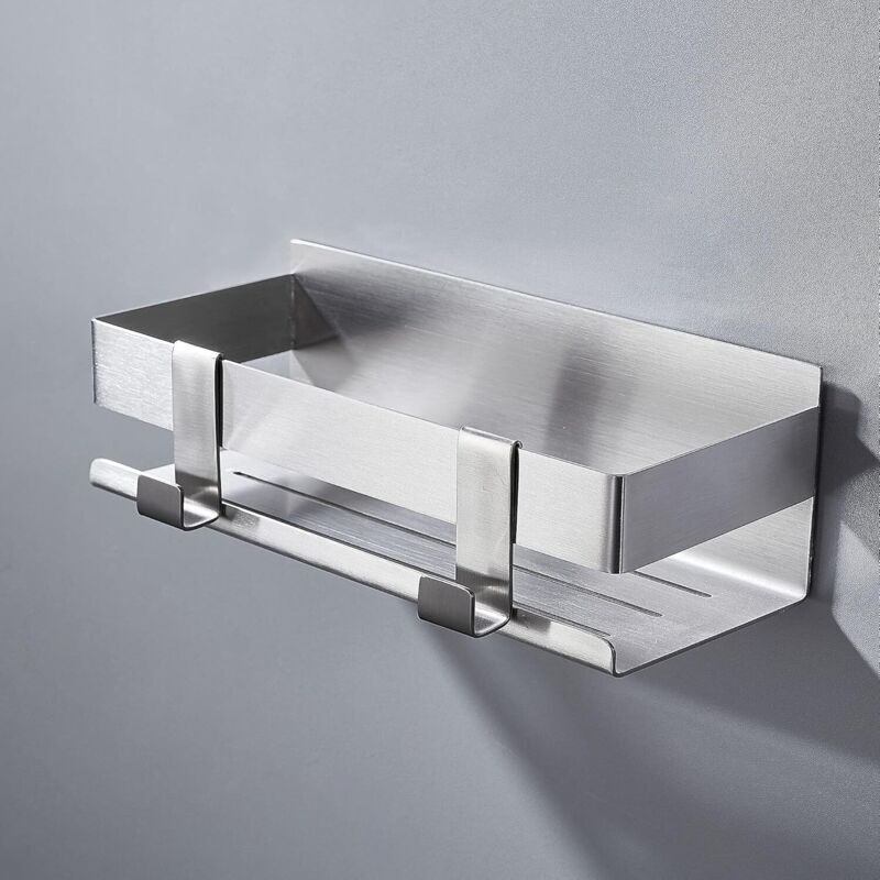 Étagère de salle de bain auto-adhésive en acier inoxydable, panier de douche sans perçage avec 2 crochets, 2297,5 cm (argent)