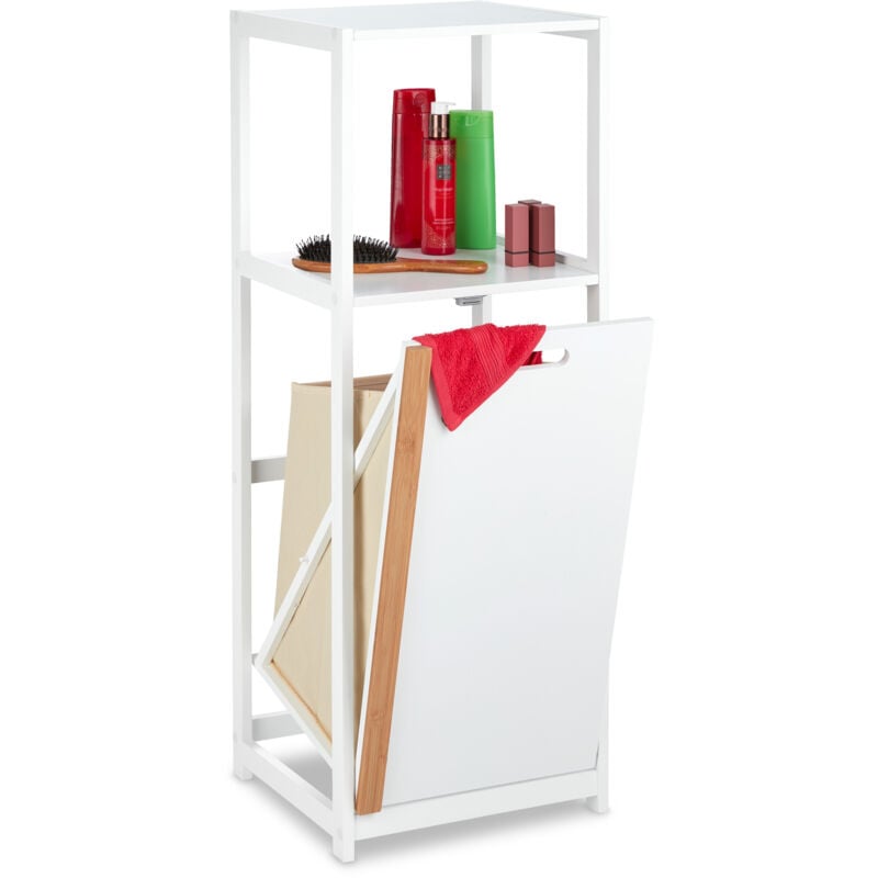 Etagère de salle de bain avec corbeille à linge, 2 rangements, panier, mdf & bambou, 98x36x30 cm, blanc/nature - Relaxdays