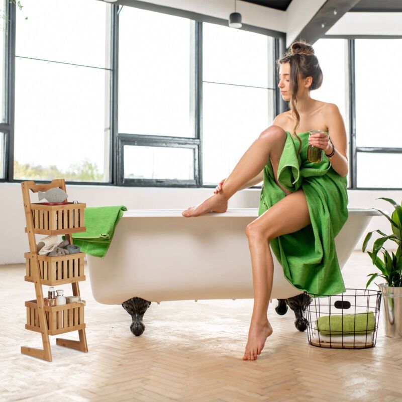 Etagere de salle de bain en bambou avec 3 paniers