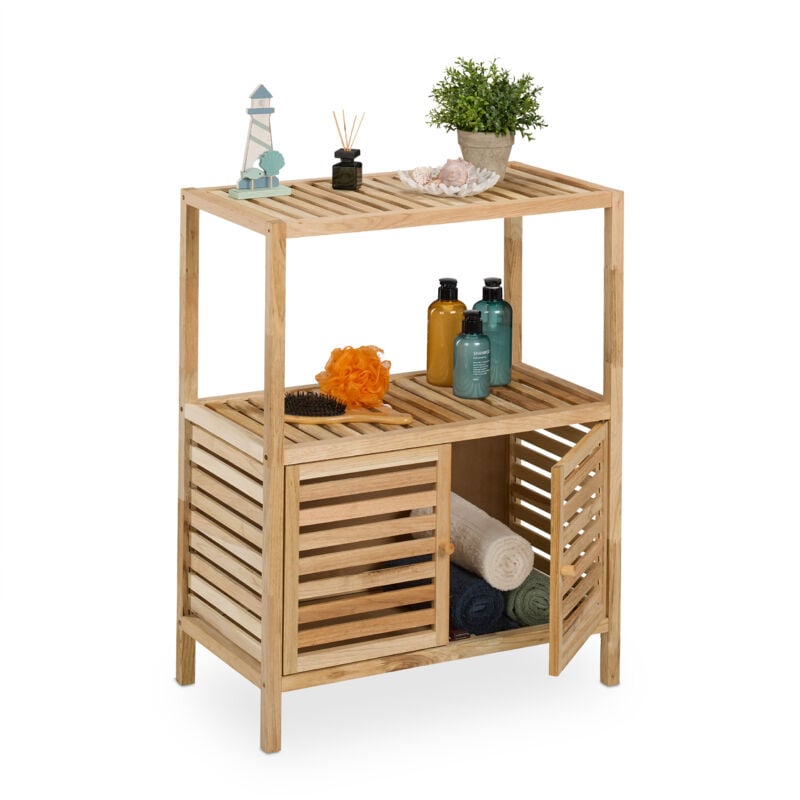Tagère de salle de bain en bois de noyer, 86 x 67,5 x 35,5 cm, armoire avec 2 portes, 2 niveaux, naturel - Relaxdays