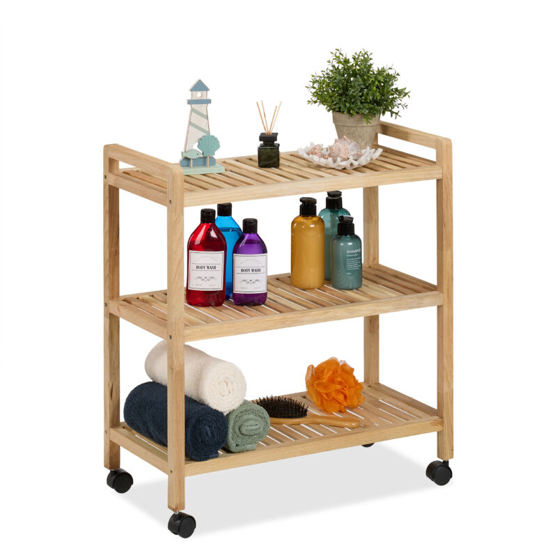 Tagère de salle de bain, bois, roulettes, 3 niveaux, hlp : 72 x 65 x 31 cm, aussi pour la cuisine, nature - Relaxdays