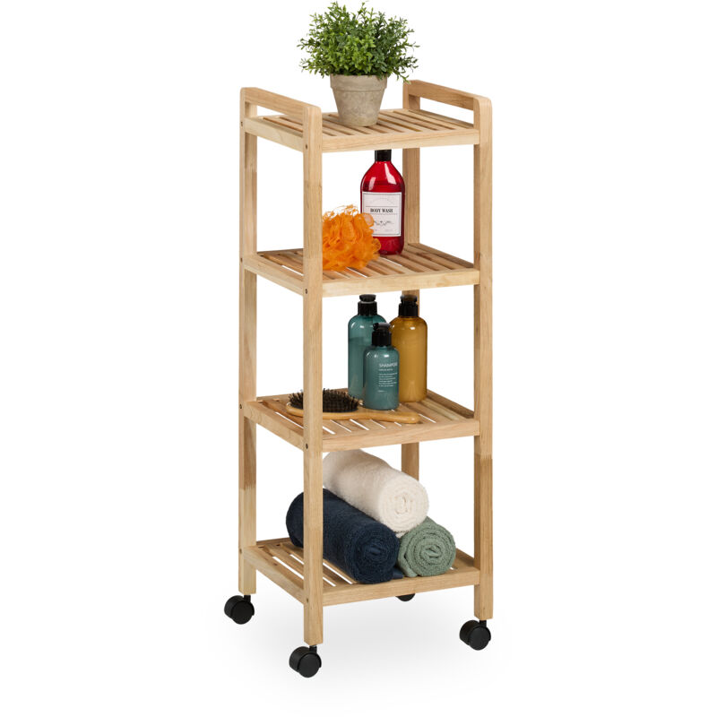 Tagère de salle de bain, bois, avec roulettes, 4 niveaux, hlp : 97x35x31 cm, aussi pour la cuisine, nature - Relaxdays