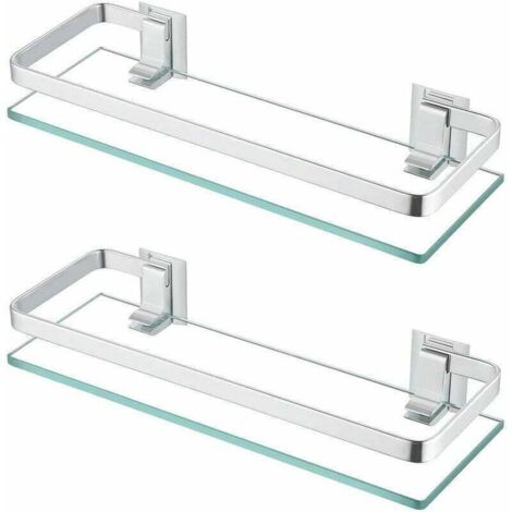 Étagère de salle de bain en verre, étagère murale en aluminium, verre trempé de 8 mm d'épaisseur, rectangulaire, argentée, lot de 2, A4126A-P2 (40 cm)