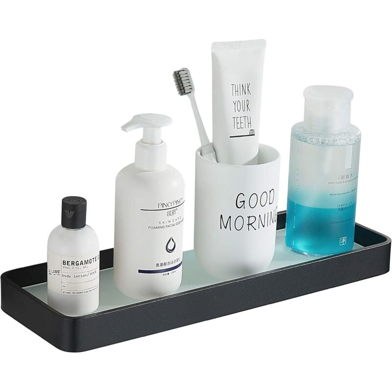 Tagère de salle de bain en verre trempé sans perçage Étagère de douche rectangulaire Noir (36 cm)