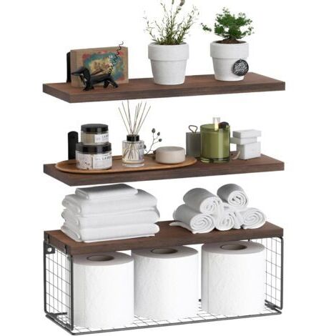 Étagère de salle de bain flottante 3 pièces au-dessus des toilettes, étagère murale avec panier métallique, étagère flottante pour décoration murale - Brun rustique