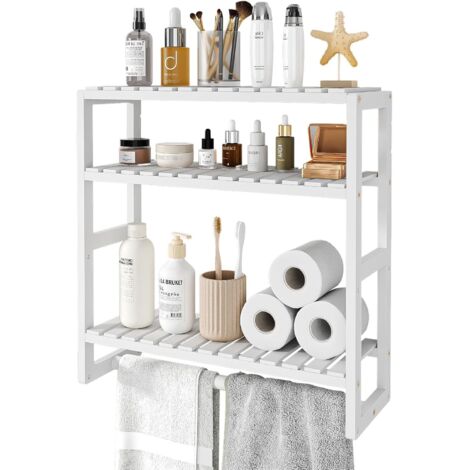 Étagère de salle de bain réglable en bambou à 3 niveaux pour salle de bain pour économiser de l'espace - Support mural utilisé dans la cuisine et le salon (blanc)