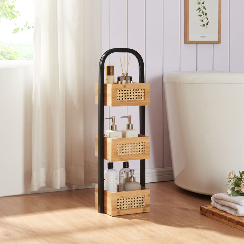 Tagère de salle de bain Tervola 73x23x18,5cm noir naturel aspect rotin [en.casa]