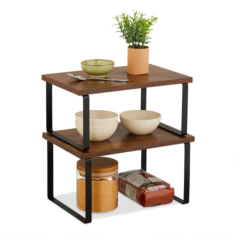 Tagère de cuisine, lot de 2, empilable, pour épices, vaisselle, etc, style industriel, marron/noir - Relaxdays