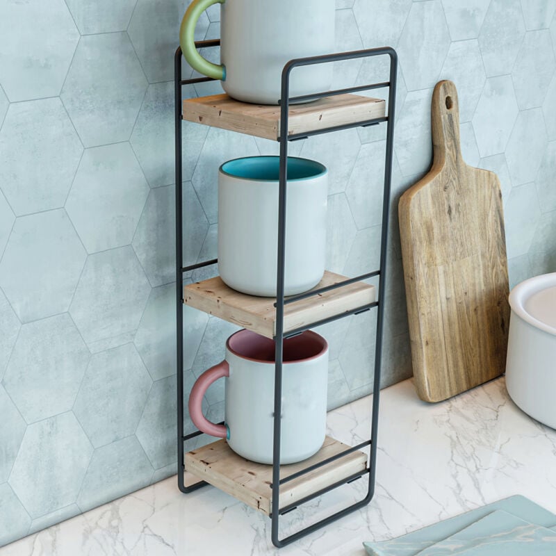 Tagère de table Pargas à 3 niveaux métal bois de pin 43 x 14 x 13 cm noir naturel [en.casa]