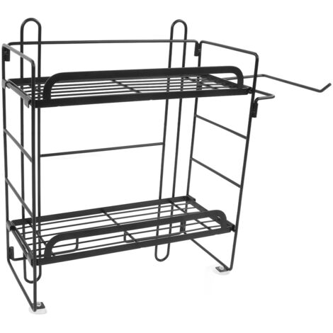 Étagère de Toilette Murale en Fer 2 Niveaux Pliante avec Crochets pour Salle de Bain Noire