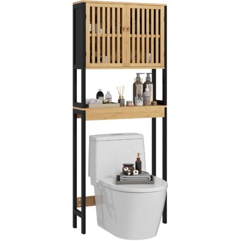 Étagère de toilettes meuble de salle de bain dessus toilette WC avec placard 2 portes et étagère ouverte bambou