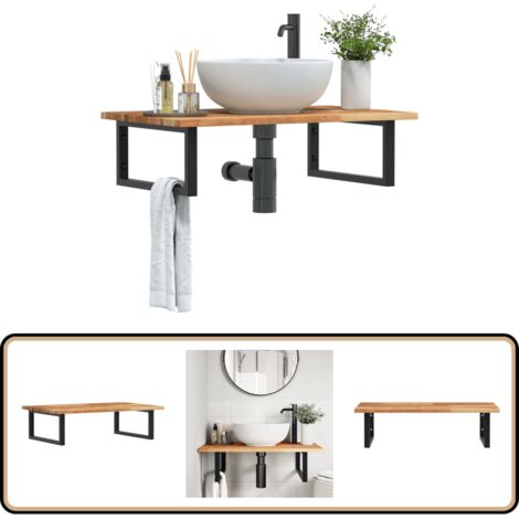 Étagère de vasque murale acier et bois massif d'acacia - Meuble De Salle De Bain - Étagère Murale - Étagère De Lavabo - Meuble Suspendu - Rangement Salle De Bain
