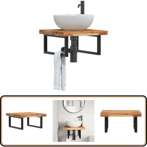 Étagère de vasque murale acier et bois massif d'acacia - Meuble De Salle De Bain - Étagère Murale - Étagère De Lavabo - Meuble Suspendu - Rangement Salle De Bain