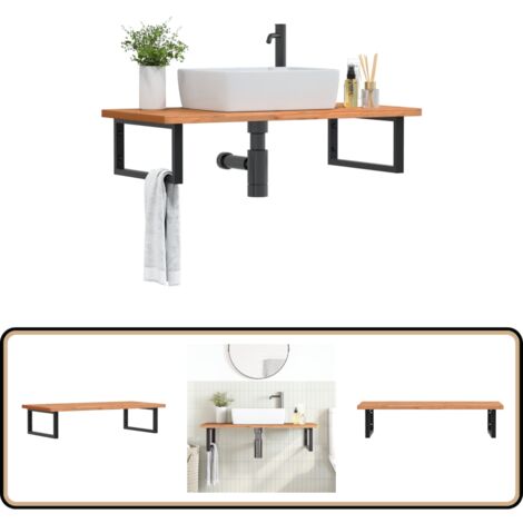 Étagère de vasque murale acier et bois massif de hêtre - Meuble De Salle De Bain - Étagère Murale - Étagère De Lavabo - Meuble Suspendu - Rangement Salle De Bain