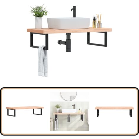 Étagère de vasque murale acier et bois massif de hêtre - Meuble De Salle De Bain - Étagère Murale - Étagère De Lavabo - Meuble Suspendu - Rangement Salle De Bain