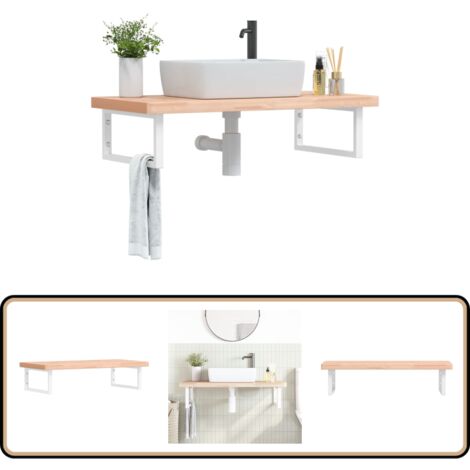 Étagère de vasque murale acier et bois massif de hêtre - Meuble De Salle De Bain - Étagère Murale - Étagère De Lavabo - Meuble Suspendu - Rangement Salle De Bain
