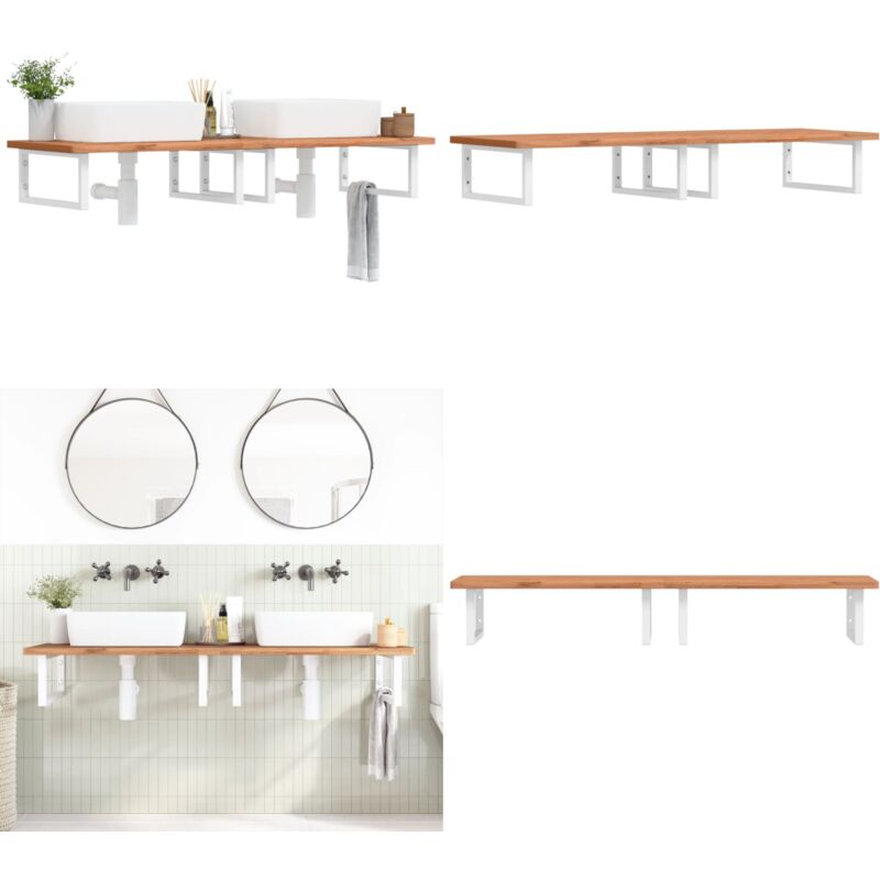 Tagère de vasque murale acier et bois massif de hêtre - Meuble De Salle De Bain - Étagère Murale - Étagère De Lavabo - Meuble Suspendu - Rangement